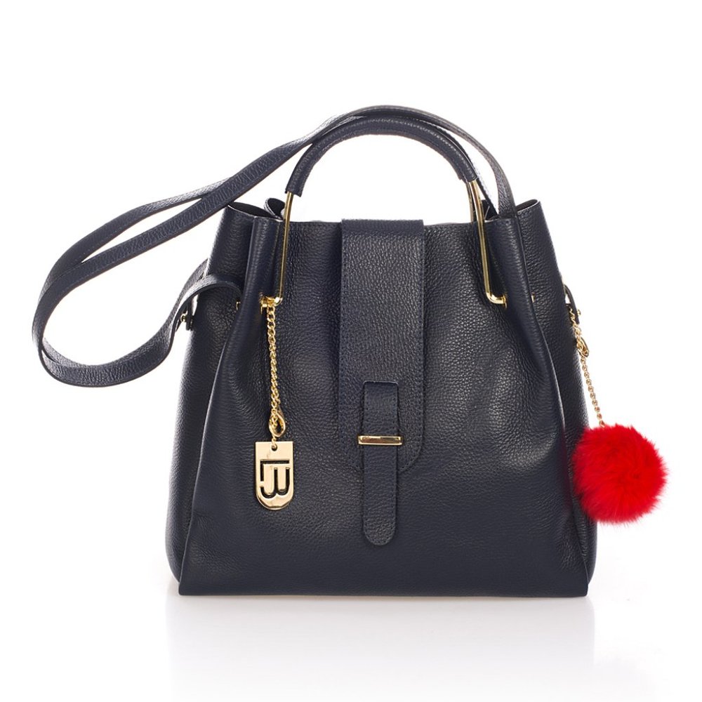 Dark Blue Pebble Leather Shoulder Bag